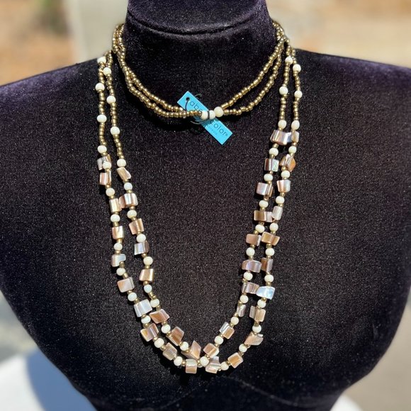 Shell & Bead Necklace Multi Strand Long Tan Ivory Layering Indo Ethnic Tribal - Picture 6 of 6